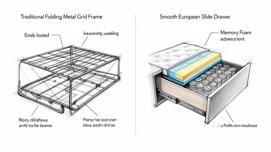 Two diagrams comparing a traditional folding metal bed frame with a modern bed featuring a slide-out drawer and mattress layers.
