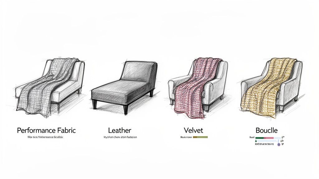 Sketches of four furniture pieces, including armchairs and a chaise, showcasing different fabric types: Performance Fabric, Leather, Velvet, and Boucle.