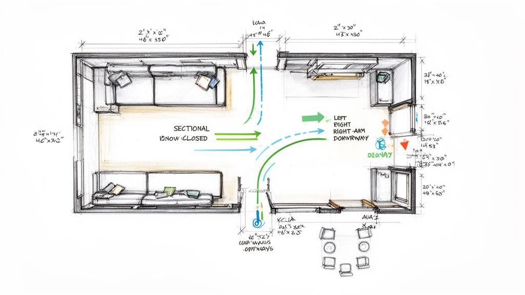 Detailed architectural sketch of a room layout with sectional sofas, dimensions, and directional arrows.