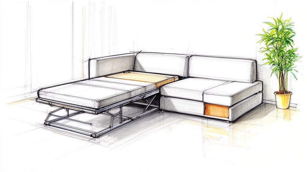 A detailed sketch of a modern corner sectional sofa with its pull-out bed extended, featuring white cushions and a nearby potted plant.