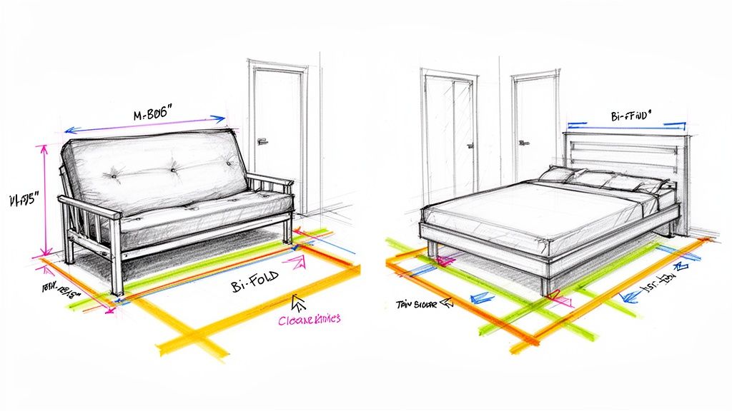 Sketches of a futon sofa and a bed, both with indicated dimensions for furniture sizing and room layout.