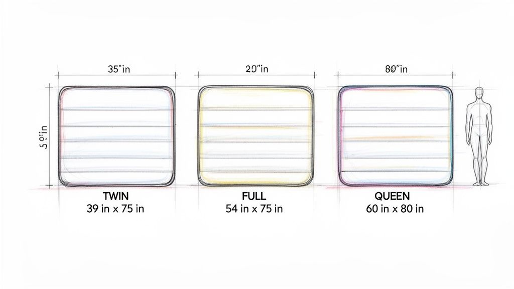 A diagram comparing Twin, Full, and Queen futon mattress sizes with dimensions and a human figure for scale.