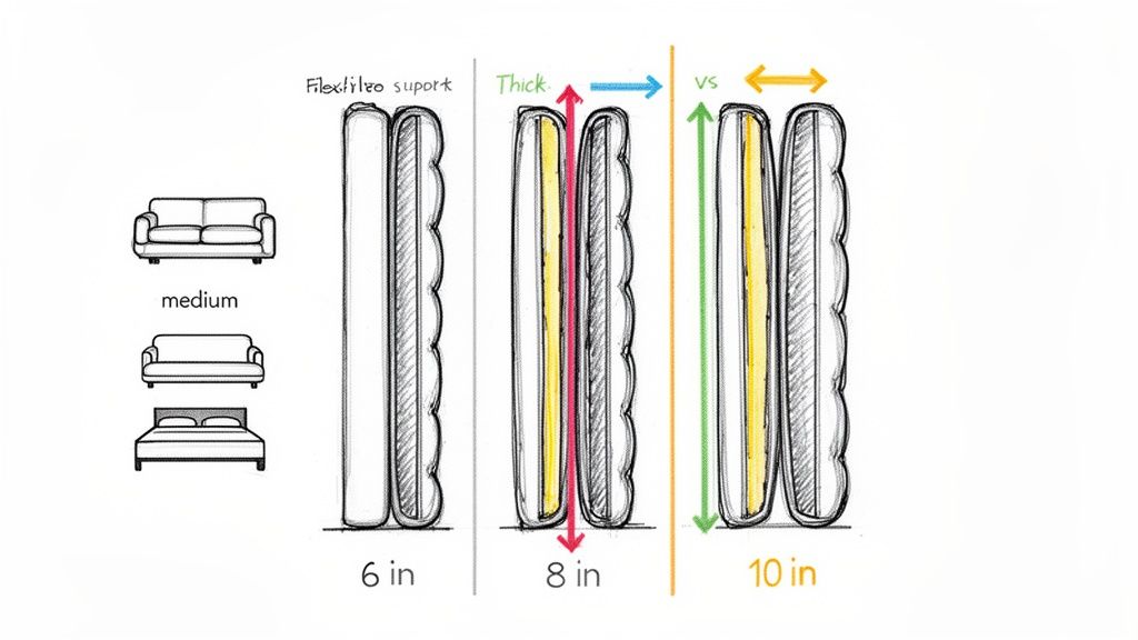 Sketch comparing 6, 8, and 10-inch futon mattress thickness for different furniture types.