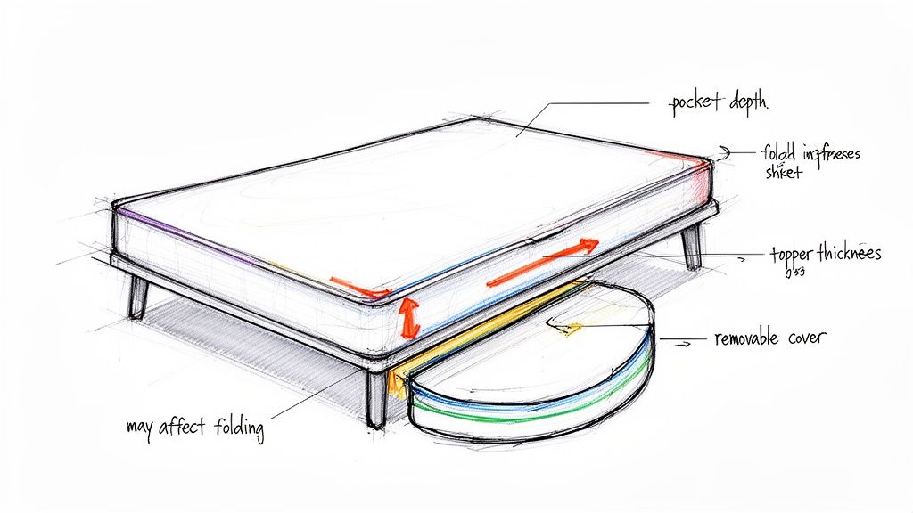 Technical sketch of a mattress system on a bed frame, highlighting pocket depth, topper thickness, and a removable cover.
