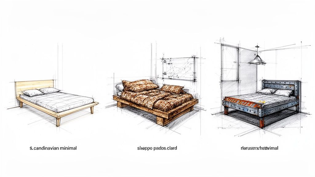 Three distinct bed sketches showcasing Scandinavian minimal, rustic, and industrial bedroom furniture designs.