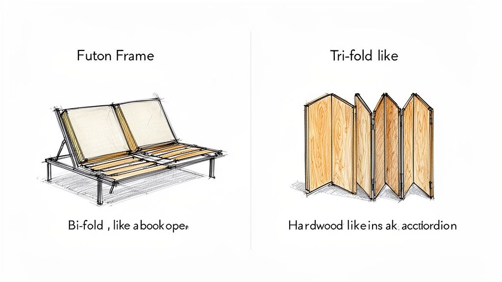Illustrations comparing a bi-fold futon frame to a tri-fold wooden screen or accordion.