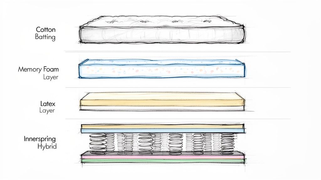 Exploded view showing different mattress layers: cotton batting, memory foam, latex, and innerspring hybrid.