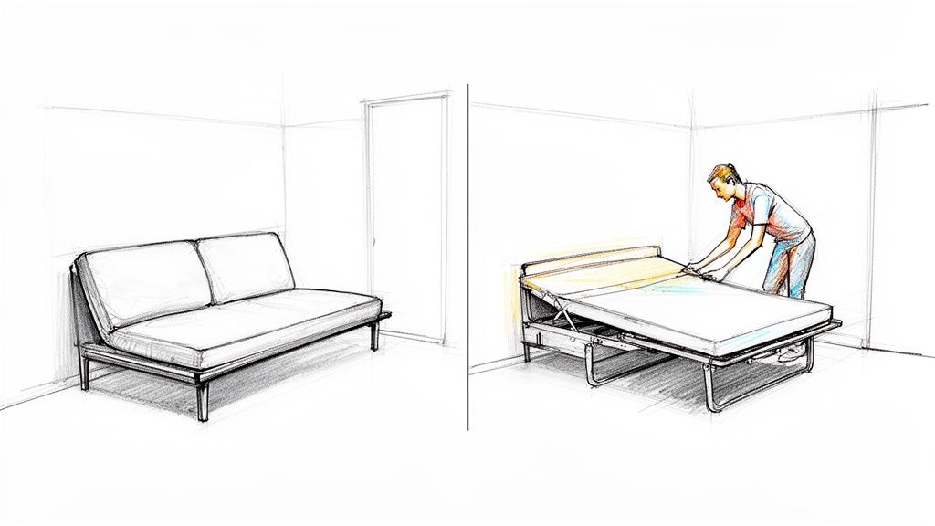 A sketch illustrating the conversion of a modern futon sofa into a comfortable sleeper bed.
