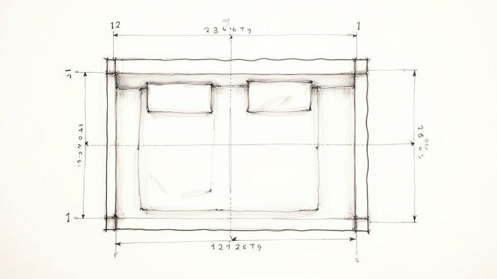 A detailed top-down technical sketch of a double bed or sleeper sofa with pillows and dimensions.