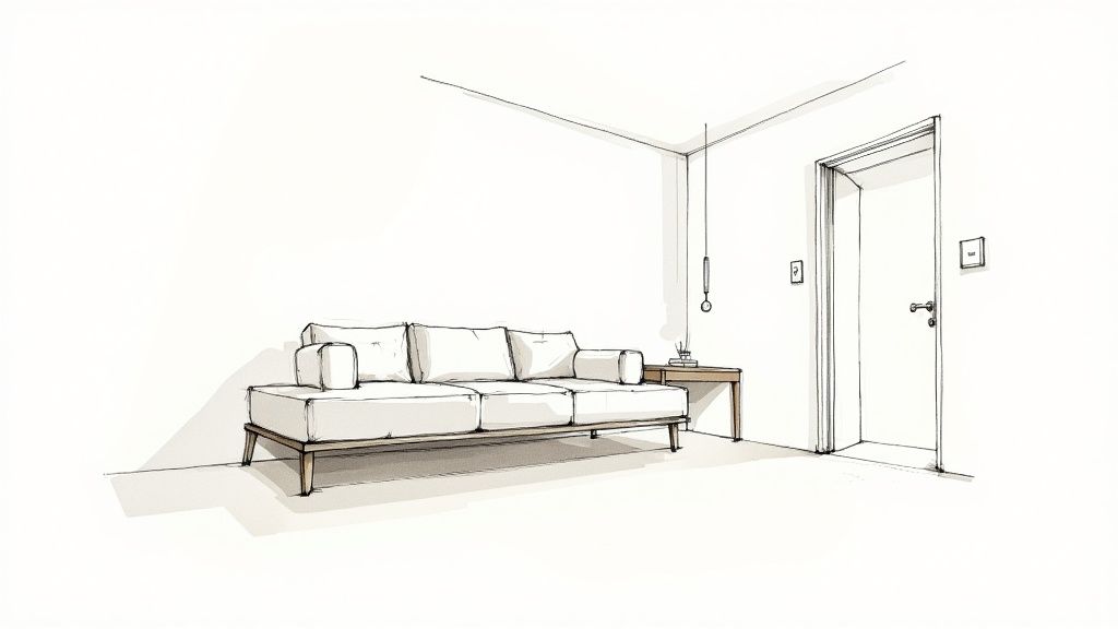 A minimalist sketch of a contemporary living room featuring a comfortable white sofa, a side table, and a door.