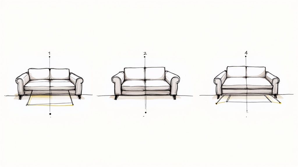 Three hand-drawn sofas demonstrating various perspective drawing techniques, with visible vanishing points and construction lines.