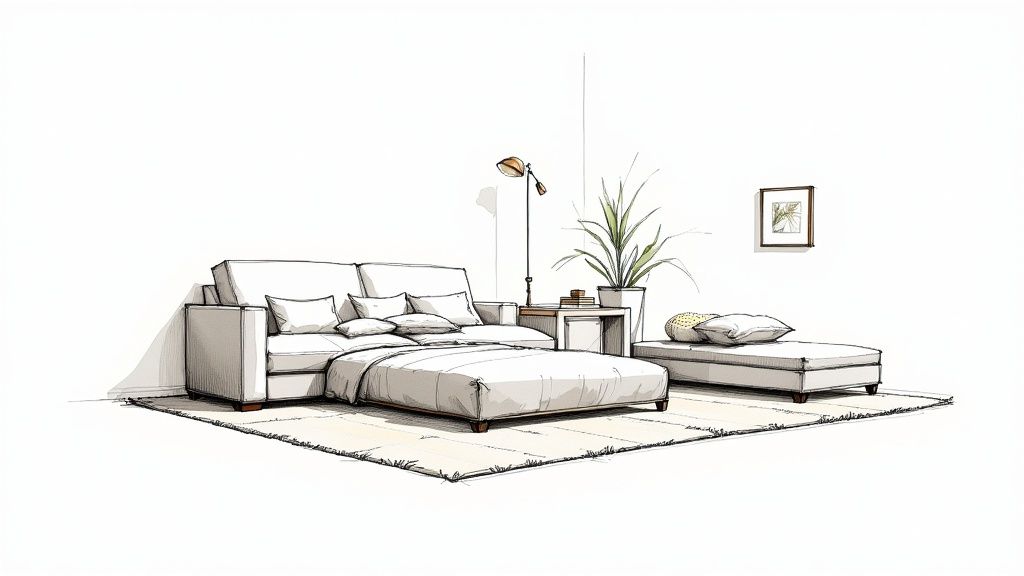 Minimalist sketch of a modern living room with a convertible sleeper sofa, a chaise lounge, and a houseplant.