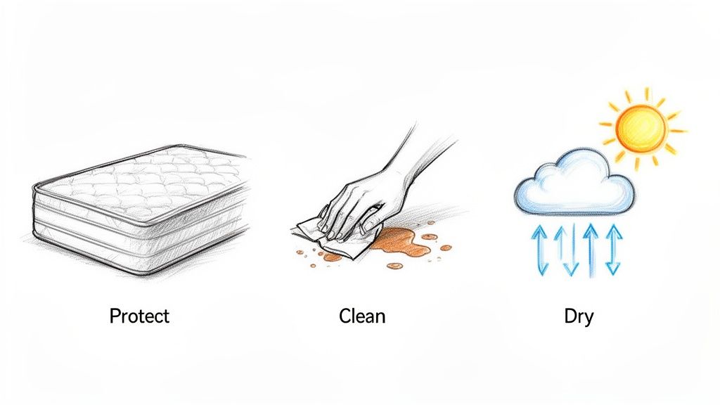 Illustrations showing steps to protect, clean, and dry a sleeper sofa mattress for long-term care.