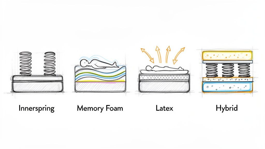 Diagrams illustrating four common mattress types: Innerspring, Memory Foam, Latex, and Hybrid, showing their internal structure.