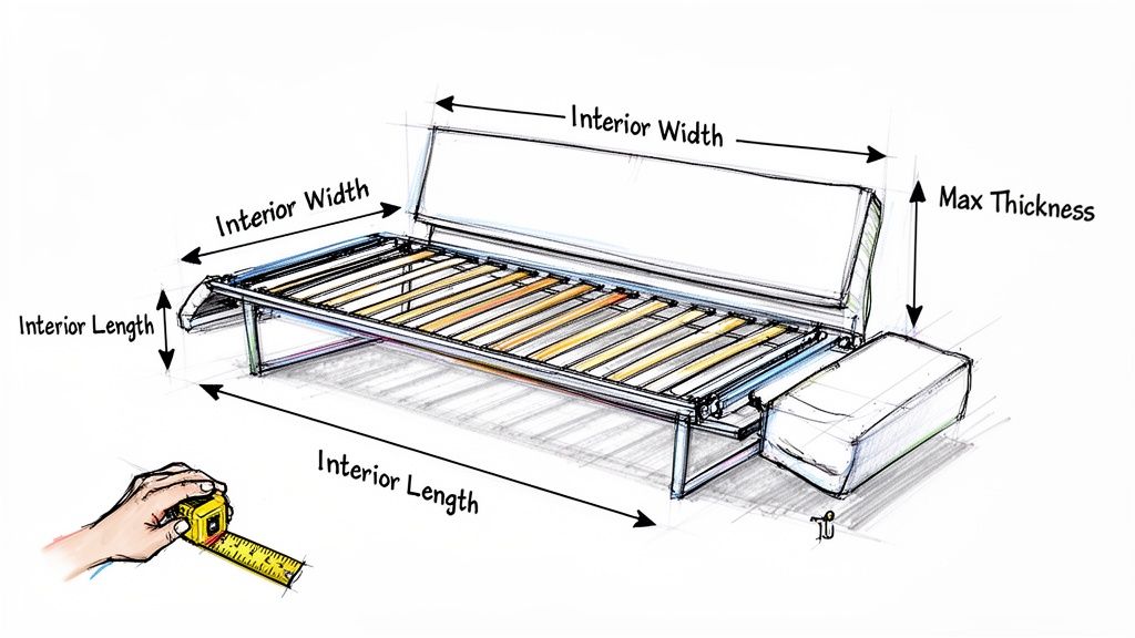 A sketch illustrating key measurements for a sleeper sofa mattress, showing interior width, length, and max thickness clearance.