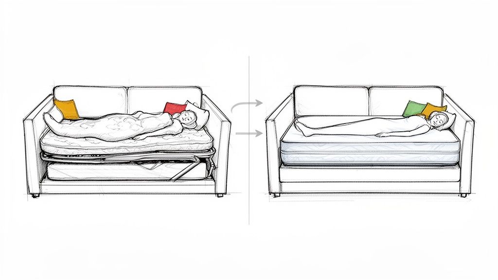 Comparison of a sleeper sofa mattress converting from a stacked configuration to a comfortable, single-layer bed.