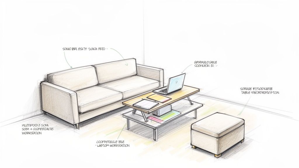 Sketch of a modern living room with a multi-purpose sofa and a convertible coffee table workstation.