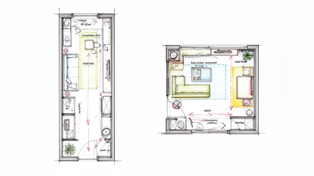 Floor plans displaying efficient furniture arrangements for small, narrow and square living spaces.