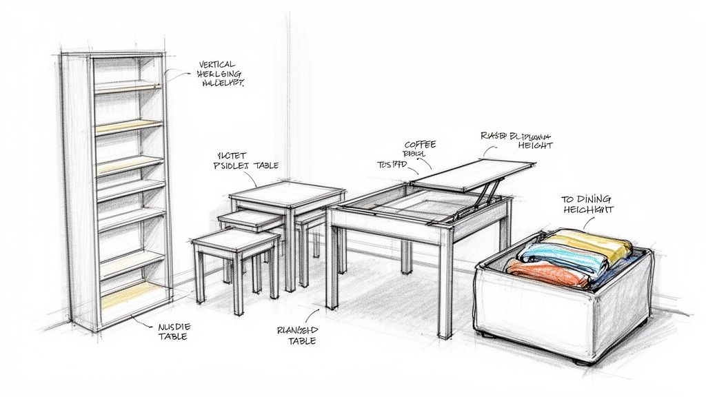 Detailed sketch of modular and space-saving furniture pieces for small living rooms.