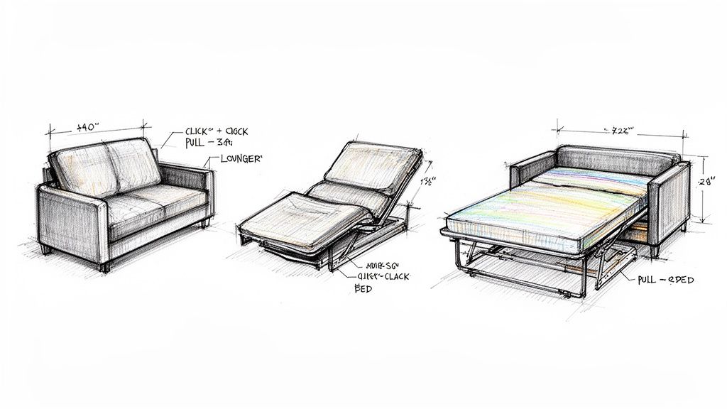 Technical sketch illustrating a convertible sofa transforming into a lounger and a pull-out bed.