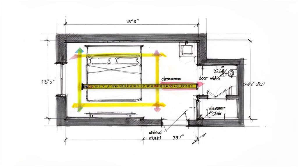 Hand-drawn floor plan of a bedroom layout, featuring a bed, nightstand, and dimensions with a tape measure for clearance.