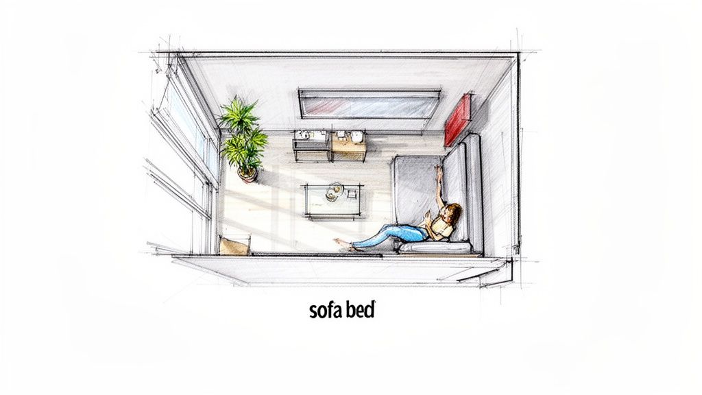 Top-down architectural sketch of a small apartment room with a woman relaxing on a sofa bed.