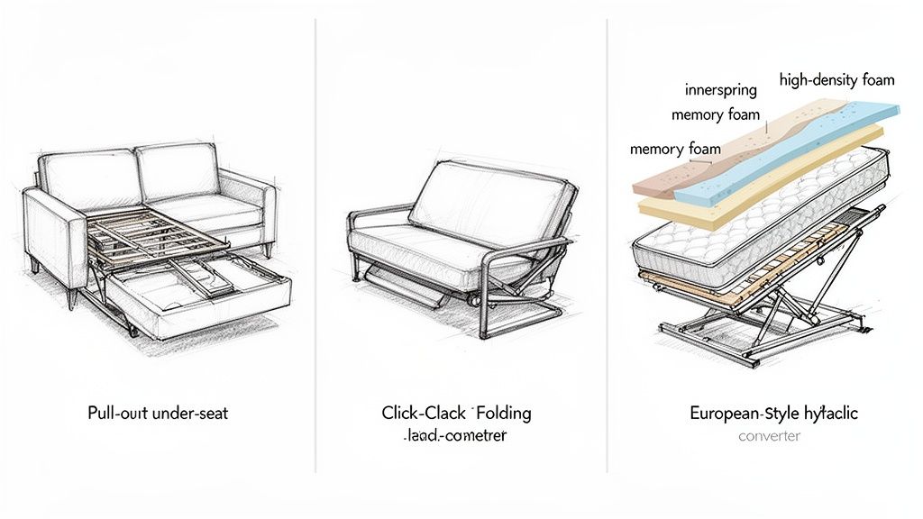 Three different sofa bed mechanisms: pull-out under-seat, click-clack folding, and European-style with mattress layers.