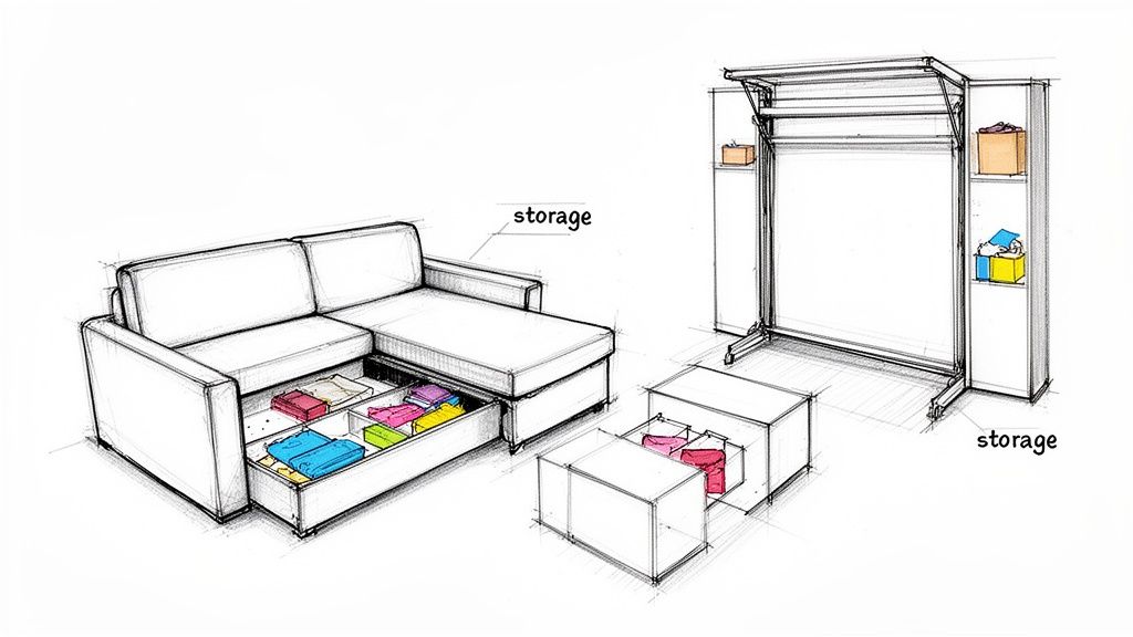 Detailed sketch of multi-functional furniture for small apartments, including a sofa with storage, ottomans, and a wall bed.
