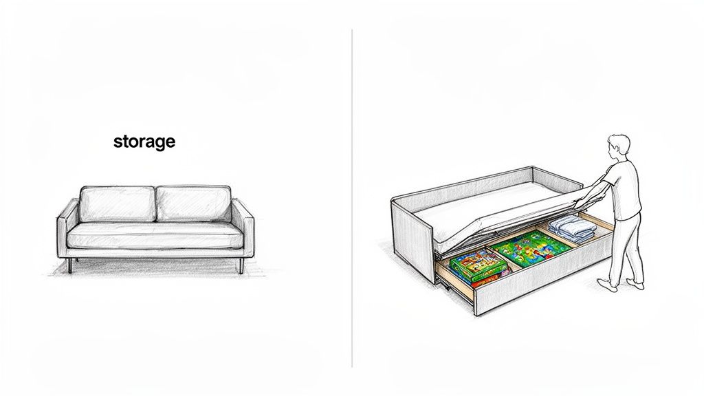 A sketch showing a regular sofa on the left and a sofabed with hidden storage underneath the mattress.