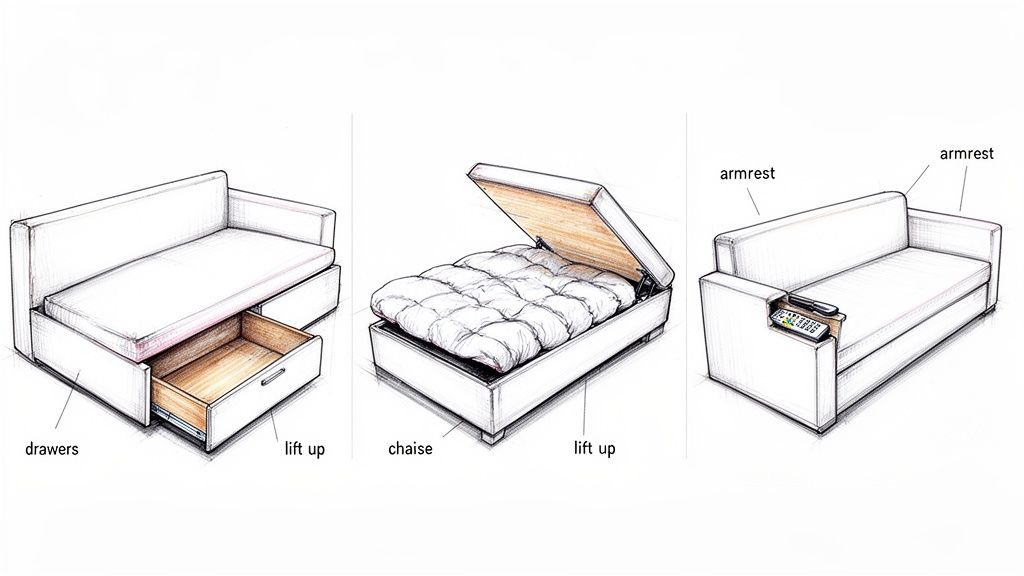 Conceptual drawings of a versatile sofa bed featuring hidden drawers, lift-up chaise storage, and armrest compartments.