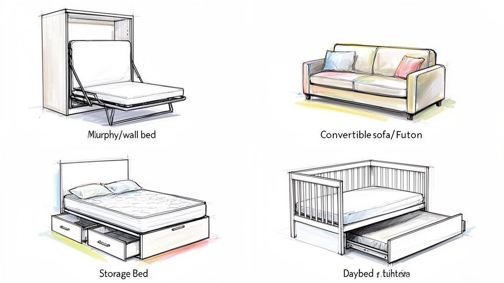 Four illustrations of space-saving beds: a Murphy bed, a convertible sofa, a storage bed, and a daybed with a trundle.
