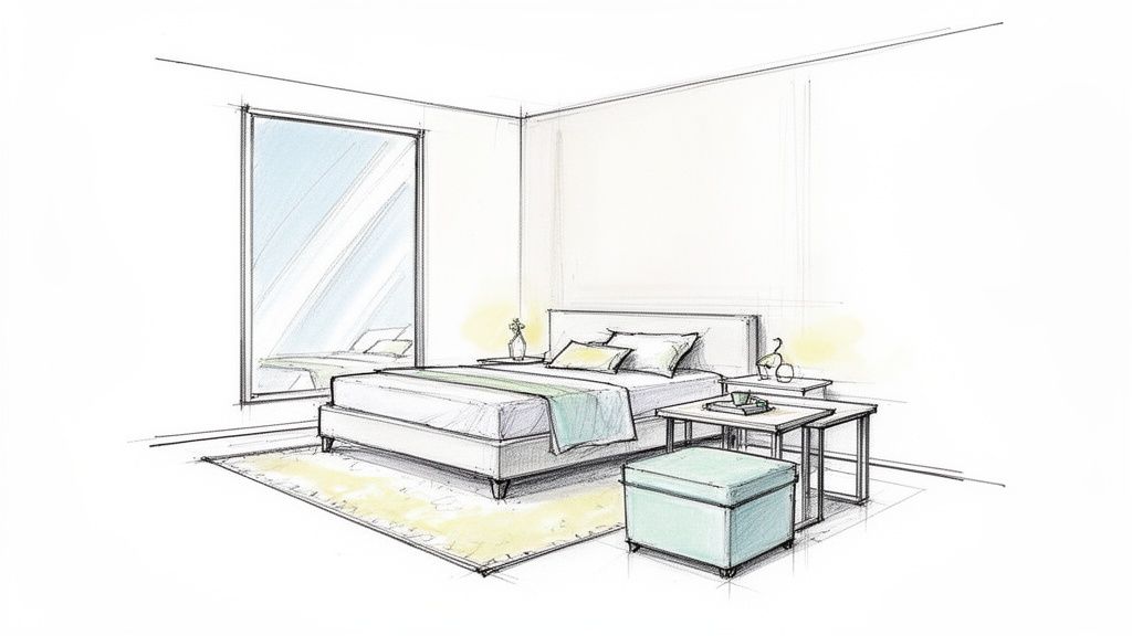 A modern bedroom sketch featuring a bed with green throw, nightstands, ottoman, and large mirror.