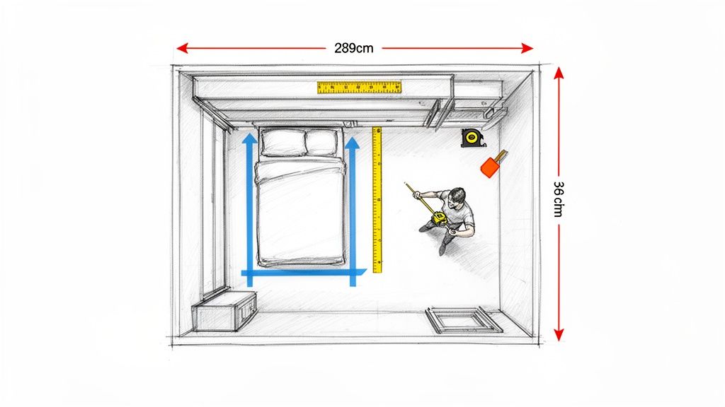 Top-down illustration of a small room being measured for a bed, showing dimensions.