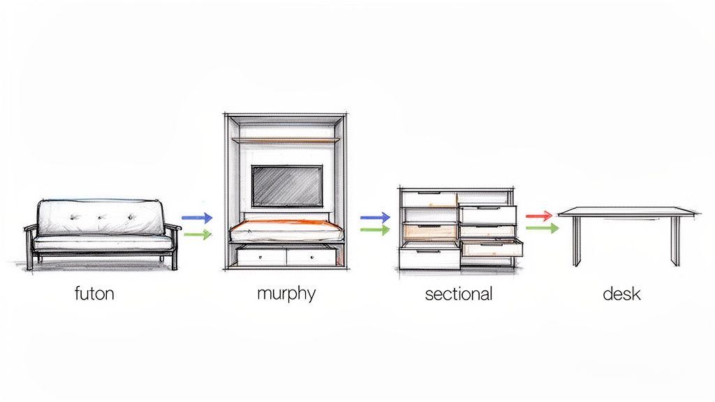 Diagram illustrating four convertible furniture transformations suitable for small spaces: futon, murphy bed, sectional, and desk.