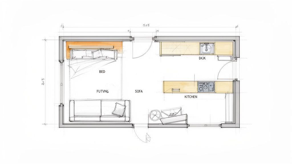 A hand-drawn sketch of a studio apartment floor plan, showing areas for bed, sofa, kitchen, and desk.