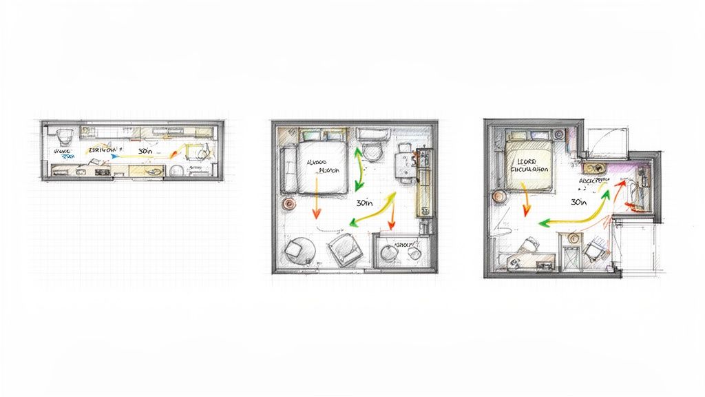 Three hand-drawn floor plans illustrating compact studio apartment furniture layouts with circulation arrows and dimensions.