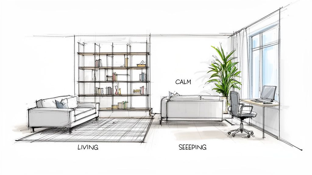 Hand-drawn sketch of a modern studio apartment interior showing living, calm, sleeping, and workspace zones.