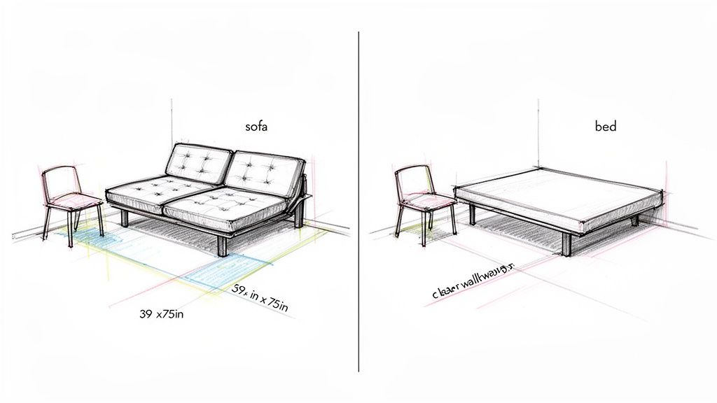 Hand-drawn sketches illustrating a twin futon as a sofa with dimensions and a bed configuration for space planning.