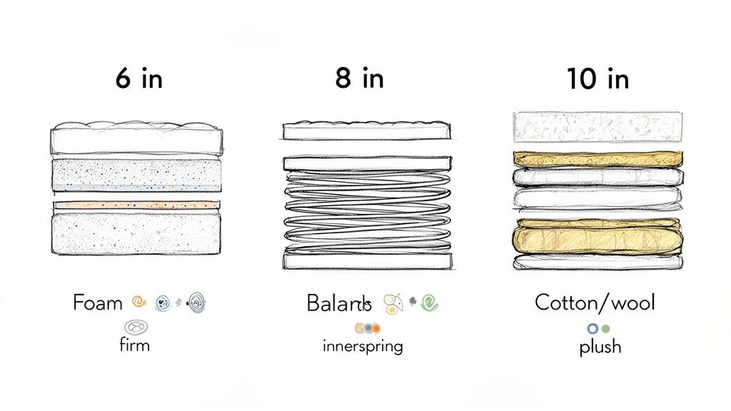 Three mattress cross-sections illustrating different constructions: 6-inch foam (firm), 8-inch innerspring (balanced), and 10-inch cotton/wool (plush).
