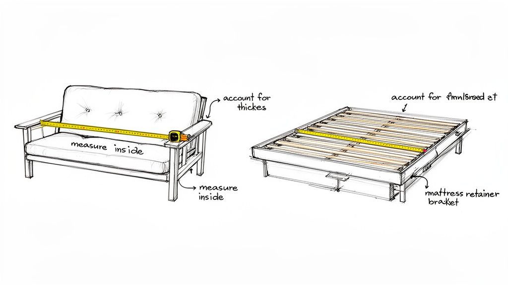 Diagram showing how to measure a futon frame in bed position using a tape measure.
