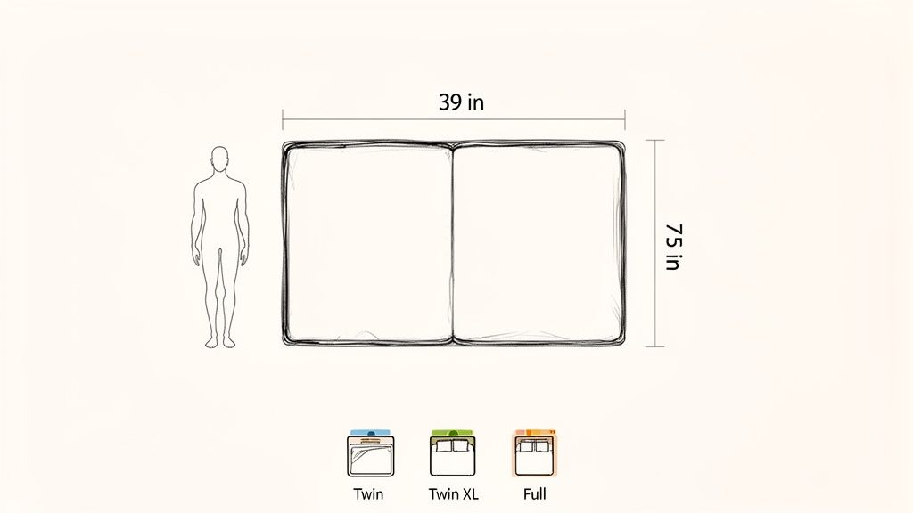 Diagram illustrating the dimensions of a twin futon mattress: 39 inches wide and 75 inches long, with a human figure for scale.