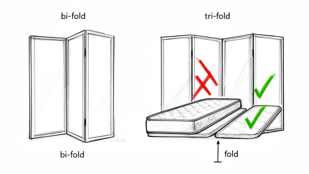 Illustration comparing bi-fold and tri-fold futon frame mechanisms.