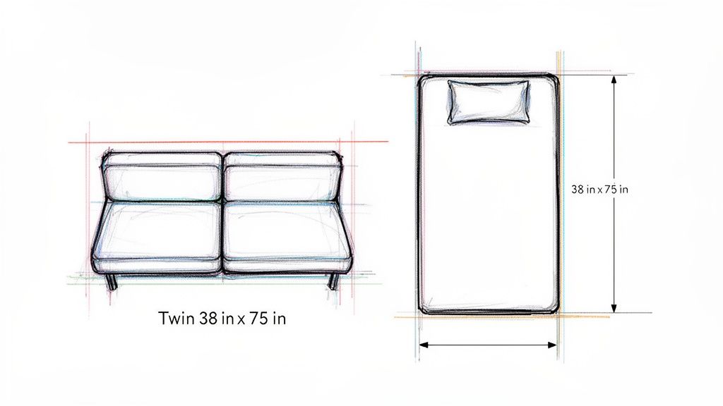 Sketches illustrating a twin futon sofa and a twin bed, both with twin-size dimensions.