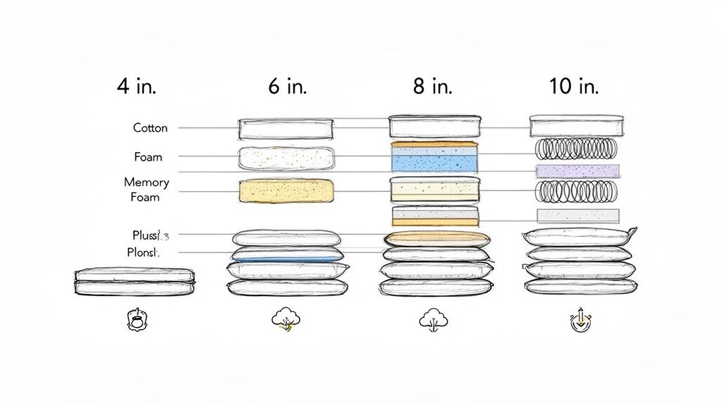 Diagram comparing 4, 6, 8, and 10-inch futon mattress structures with varying layers.