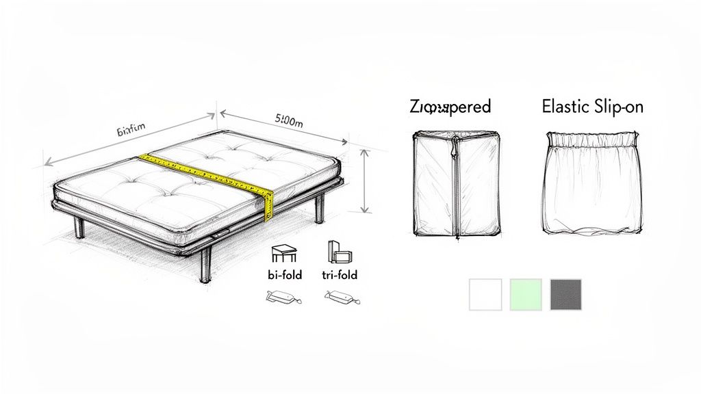 Sketch illustrating futon mattress dimensions, bi-fold/tri-fold options, zippered and elastic slip-on covers, and color swatches.