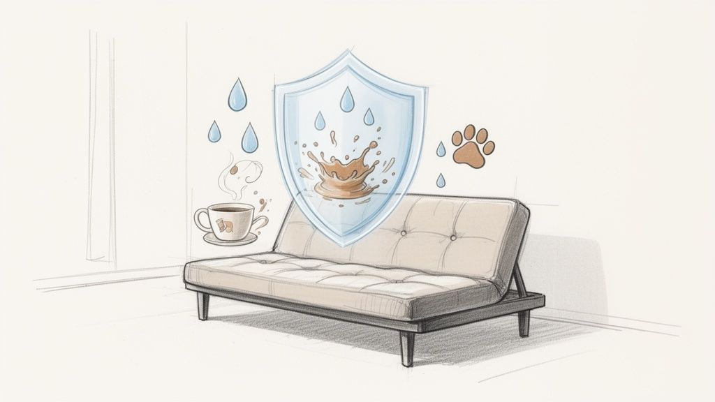 An illustration shows a futon couch protected by a shield from coffee spills, water drops, and a pet paw print.