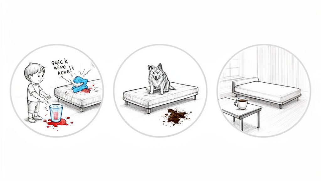 Three illustrations depicting a child spilling a drink, a dog having an accident, and a clean bed.