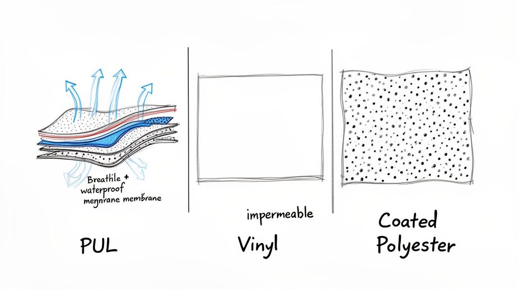 Diagram comparing PUL, impermeable Vinyl, and Coated Polyester materials, highlighting their waterproof and breathable properties.