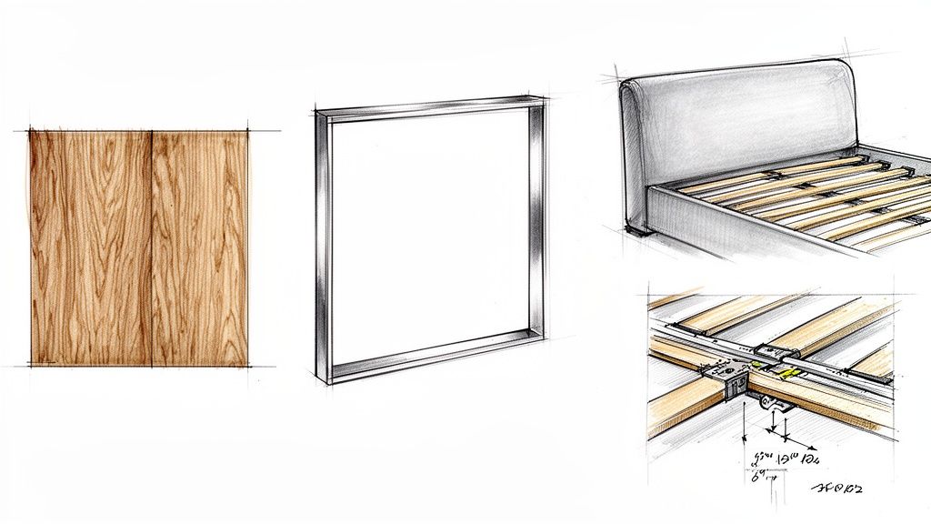 Sketches illustrating various furniture components, including wood grain, a metal frame, and a detailed bed frame with a slat system.