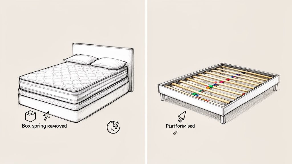 Illustration comparing a traditional bed with a mattress on a box spring and a modern platform bed frame.